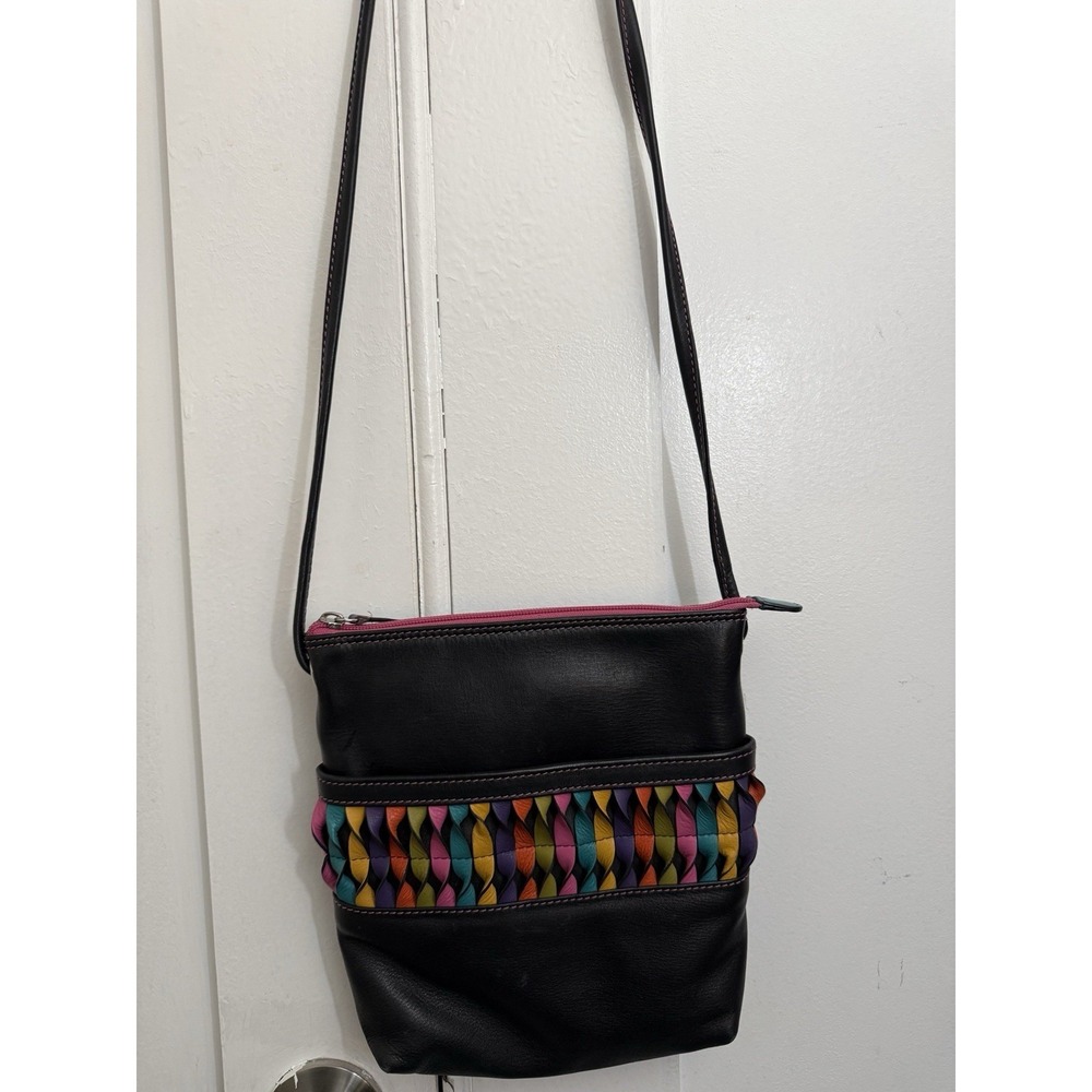 ili New York Leather Crossbody Bag Black Multicolor Woven Panel Small Long Strap
